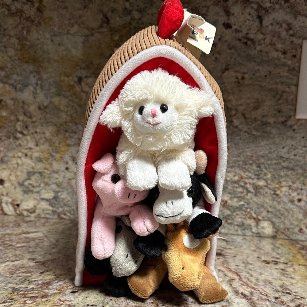 Plush Animal Barn Set - White, Pink, Brown